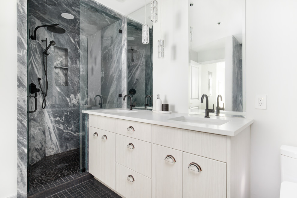 This is an example of a small contemporary ensuite bathroom in Salt Lake City with flat-panel cabinets, white cabinets, a freestanding bath, an alcove shower, a bidet, black and white tiles, marble tiles, grey walls, porcelain flooring, a submerged sink, engineered stone worktops, black floors, a hinged door, white worktops, double sinks and a freestanding vanity unit.