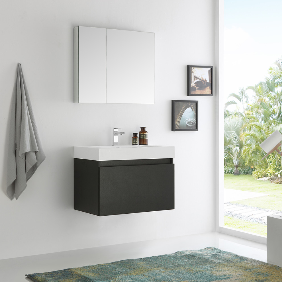 Ispirazione per una stanza da bagno con doccia moderna di medie dimensioni con consolle stile comò, ante nere, lavabo integrato e top in superficie solida
