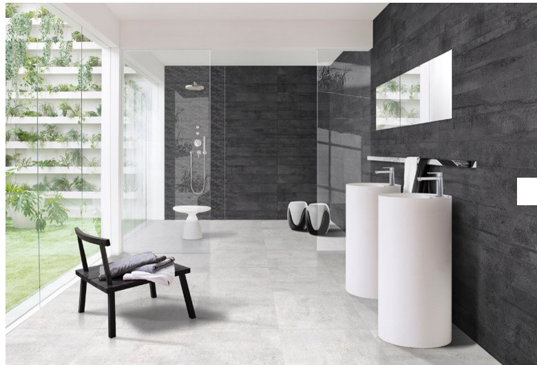 Bathroom - modern black tile and porcelain tile marble floor and white floor bathroom idea in Miami with white walls