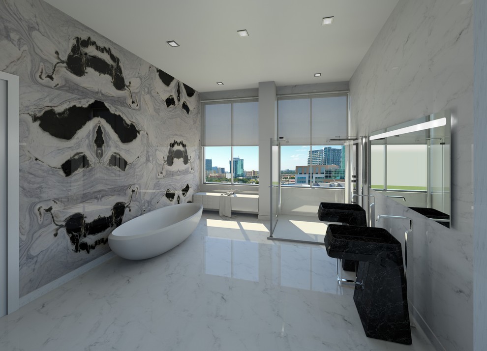 Großes Modernes Badezimmer En Suite mit freistehender Badewanne, Eckdusche, grauen Fliesen, Steinfliesen, grauer Wandfarbe, Marmorboden, grauem Boden und offener Dusche