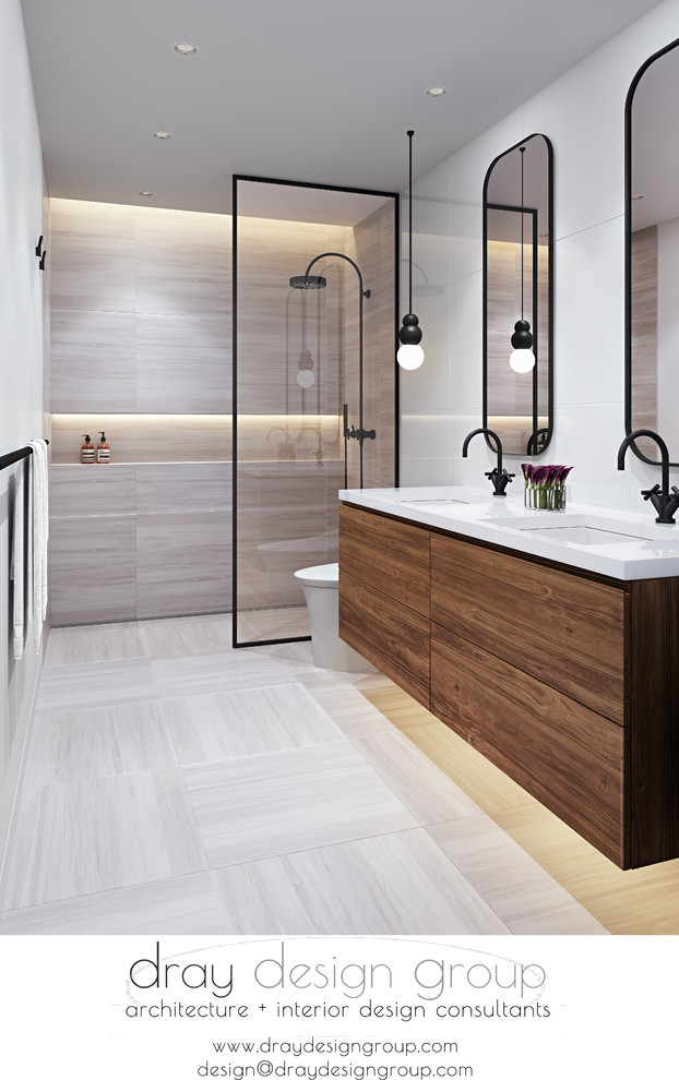 Walk-in shower - small transitional gray tile and marble tile marble floor and gray floor walk-in shower idea in Miami with flat-panel cabinets, medium tone wood cabinets, a one-piece toilet, white walls, an undermount sink, quartz countertops and a floating vanity