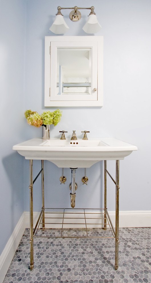 Example of a classic mosaic tile bathroom design in Boston with a console sink