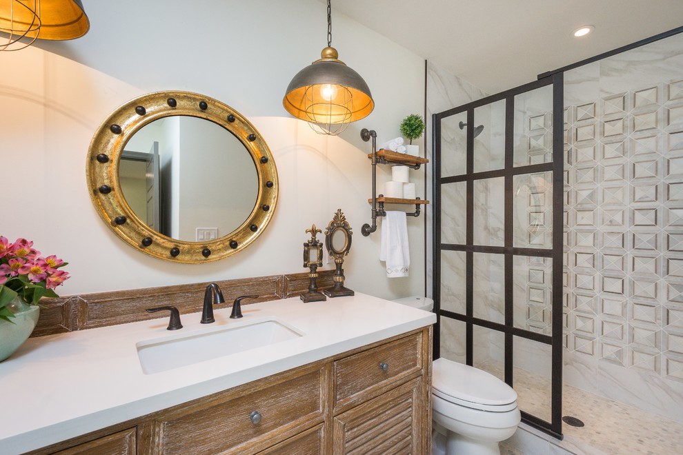 Example of a mid-sized 1950s kids' white tile and stone tile mosaic tile floor bathroom design in Phoenix with louvered cabinets, medium tone wood cabinets, a one-piece toilet, white walls, an undermount sink and quartz countertops