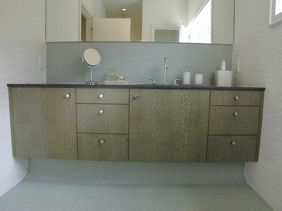 Example of a minimalist mosaic tile floor and blue floor bathroom design in Boston with flat-panel cabinets, green cabinets and white walls