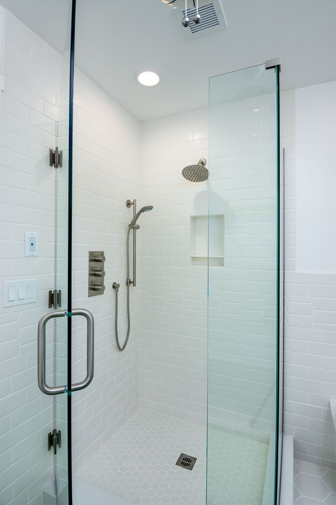 Example of a huge 1960s kids' white tile and porcelain tile ceramic tile, white floor and double-sink bathroom design in Portland with flat-panel cabinets, white cabinets, a two-piece toilet, white walls, an integrated sink, white countertops, quartz countertops and a freestanding vanity