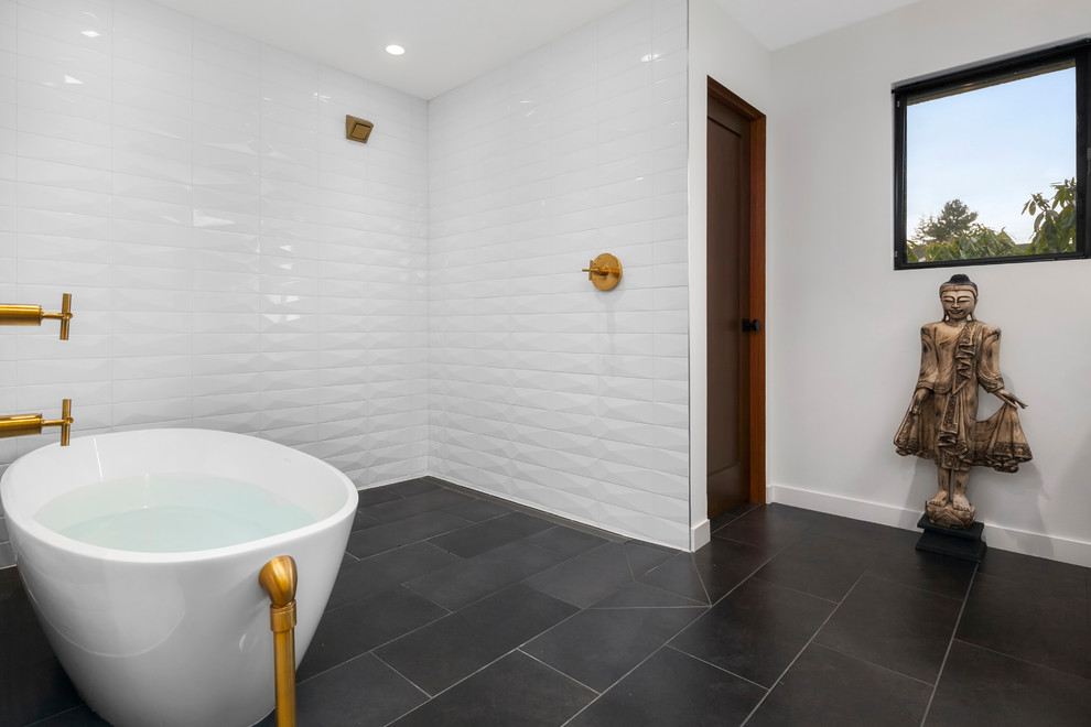 Large 1950s master white tile and ceramic tile ceramic tile bathroom photo in Seattle with flat-panel cabinets, light wood cabinets, a one-piece toilet, white walls, an undermount sink and quartz countertops