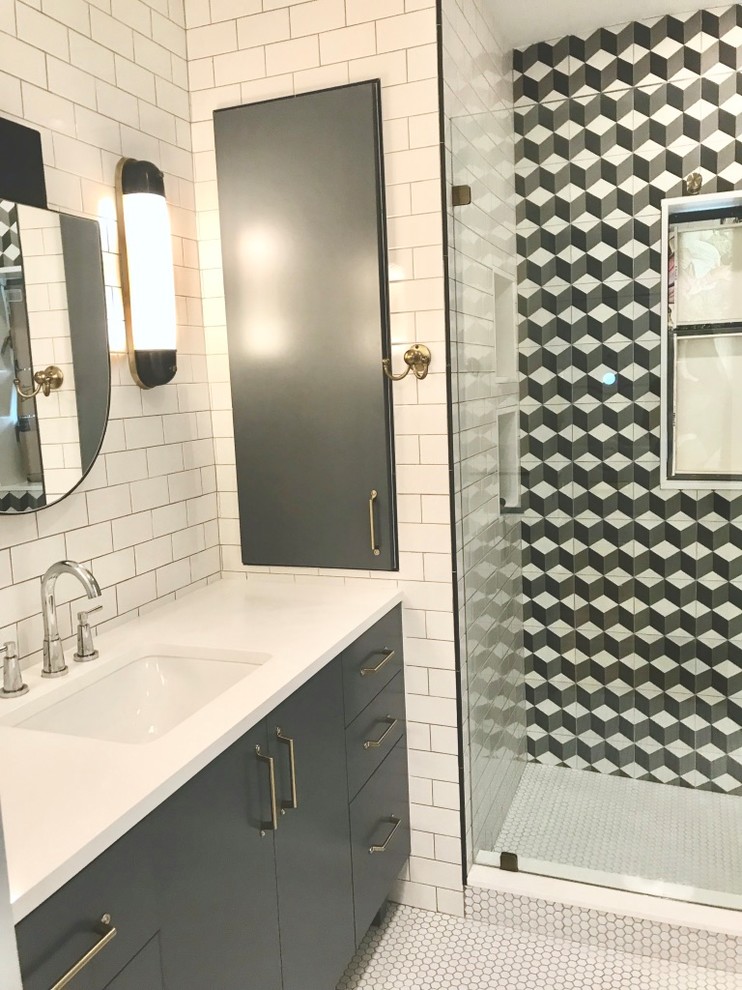 Inspiration for a mid-sized mid-century modern multicolored tile and ceramic tile ceramic tile and white floor alcove shower remodel in Miami with flat-panel cabinets, gray cabinets, white walls, an undermount sink, quartz countertops, a hinged shower door and white countertops