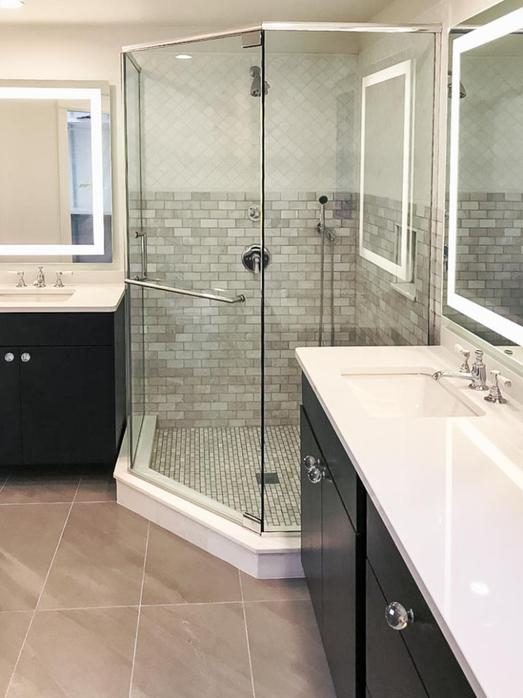 Example of a trendy master white tile and marble tile ceramic tile, gray floor and double-sink corner shower design in Cleveland with flat-panel cabinets, black cabinets, a two-piece toilet, white walls, an undermount sink, quartz countertops, a hinged shower door, white countertops, a niche and a floating vanity