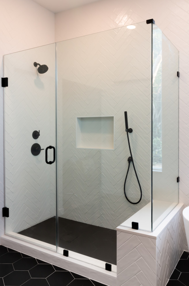 Bathroom - mid-century modern black and white tile and porcelain tile porcelain tile, black floor and double-sink bathroom idea in Orange County with flat-panel cabinets, brown cabinets, white walls, a vessel sink, quartz countertops, a hinged shower door, white countertops and a floating vanity
