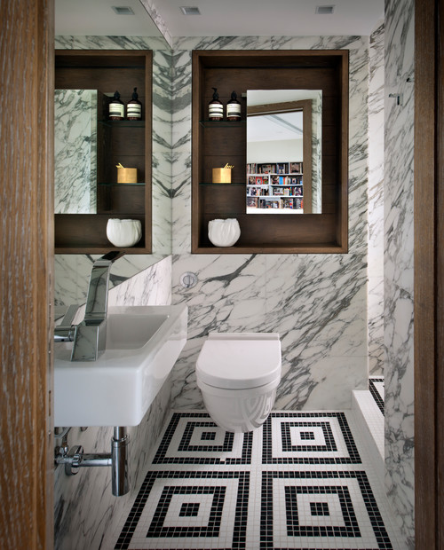 Marble Elegance: Recessed Wood Niche for a Luxurious Gray White Bathroom