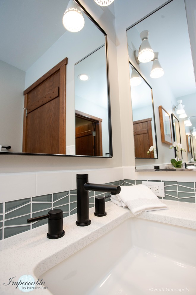 Bathroom - mid-sized 1950s kids' white tile and porcelain tile porcelain tile and gray floor bathroom idea in Chicago with flat-panel cabinets, dark wood cabinets, a two-piece toilet, gray walls, an undermount sink, quartz countertops and white countertops