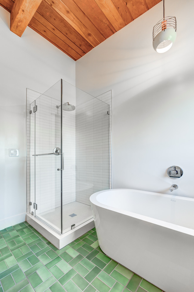 Design ideas for a medium sized midcentury ensuite bathroom in San Francisco with a freestanding bath, a corner shower, white tiles, ceramic tiles, white walls, ceramic flooring, a vessel sink, green floors, a hinged door and white worktops.