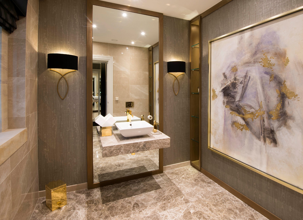 Ispirazione per una stanza da bagno minimal con nessun'anta, pareti grigie, lavabo a bacinella e pavimento marrone