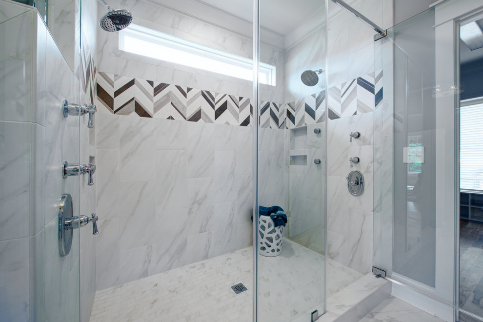 Example of a mid-sized arts and crafts master gray tile and porcelain tile porcelain tile alcove shower design in Other with an undermount sink, beaded inset cabinets, gray cabinets, gray walls and quartz countertops
