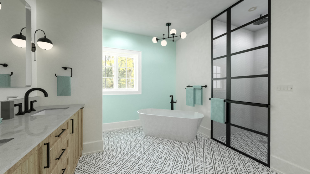 Idéer för funkis vitt en-suite badrum, med skåp i shakerstil, blå skåp, ett fristående badkar, en kantlös dusch, vit kakel, keramikplattor, flerfärgade väggar, klinkergolv i porslin, ett undermonterad handfat, bänkskiva i kvartsit, flerfärgat golv och dusch med gångjärnsdörr