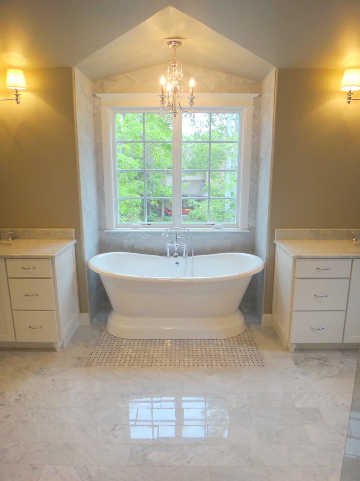 Large elegant master gray tile and mosaic tile marble floor bathroom photo in Denver with an undermount sink, recessed-panel cabinets, white cabinets, marble countertops and gray walls