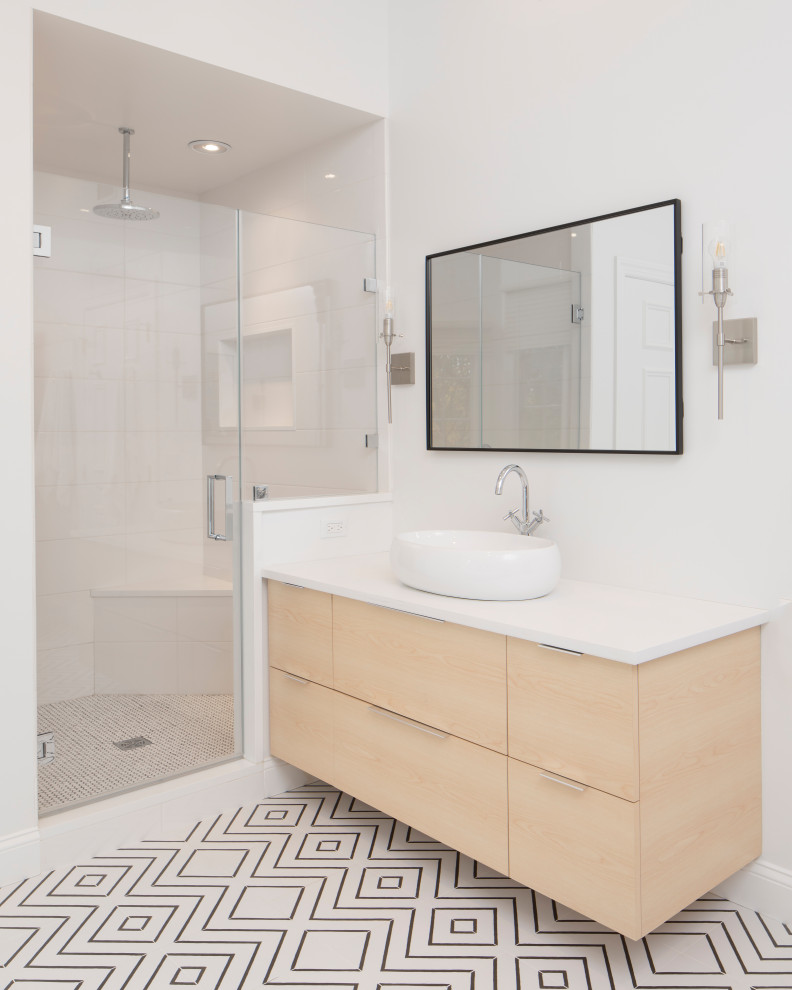 Design ideas for a large contemporary ensuite bathroom in New York with flat-panel cabinets, beige cabinets, a double shower, a two-piece toilet, white tiles, mirror tiles, white walls, mosaic tile flooring, a vessel sink, engineered stone worktops, white floors, a hinged door, white worktops, a shower bench, a single sink, a floating vanity unit and a vaulted ceiling.