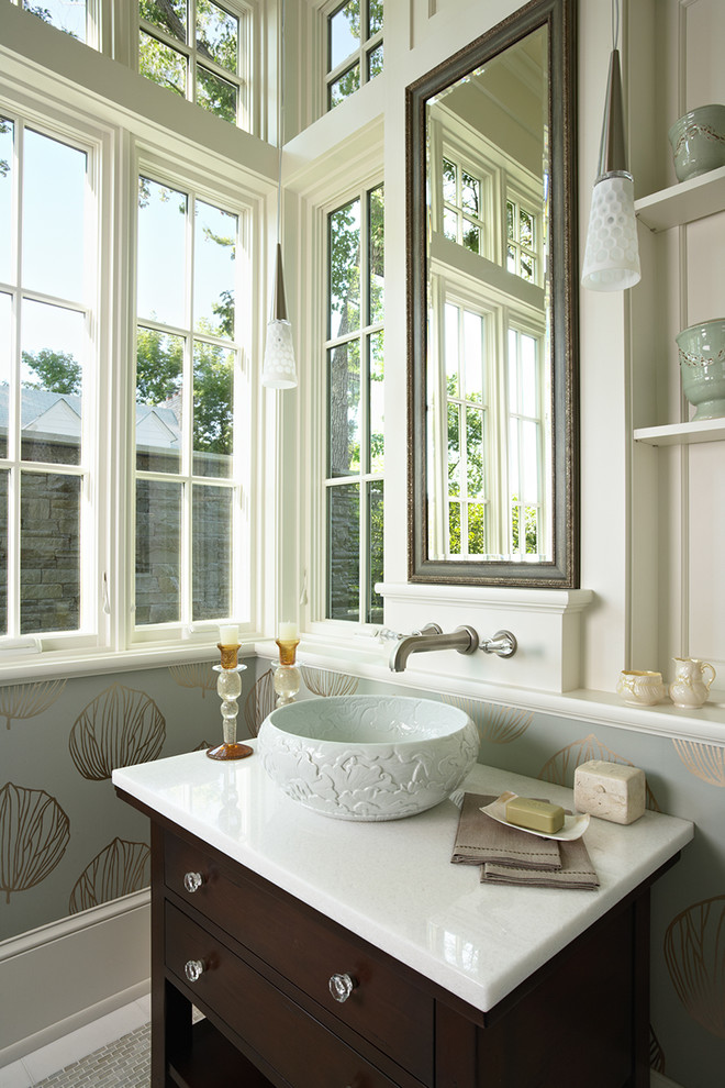 Example of an ornate bathroom design in Minneapolis with a vessel sink and multicolored walls