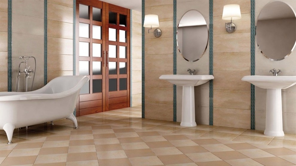 Cette photo montre une salle de bain principale craftsman avec une baignoire indépendante, un carrelage beige, un carrelage vert, des carreaux de céramique, un mur beige, un sol en carrelage de céramique et un lavabo de ferme.