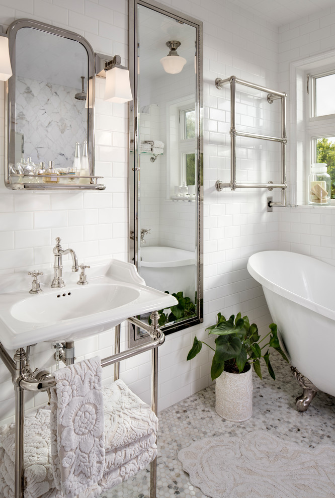 Photo of a small classic ensuite bathroom in San Diego with freestanding cabinets, a claw-foot bath, a double shower, white tiles, marble tiles, a console sink, copper worktops and an open shower.