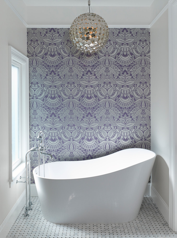 Inspiration for a large contemporary grey and purple ensuite bathroom in San Francisco with a submerged sink, a freestanding bath, an alcove shower, white walls and ceramic flooring.