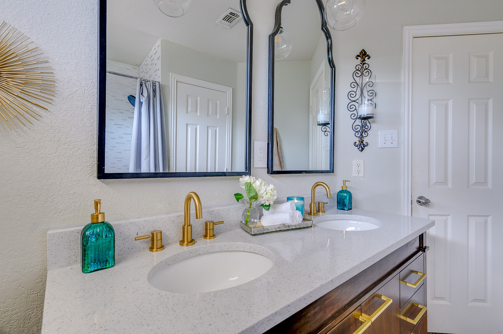 Bathroom - small contemporary kids' white tile and mosaic tile ceramic tile and brown floor bathroom idea in Dallas with flat-panel cabinets, dark wood cabinets, a two-piece toilet, gray walls, an undermount sink, quartz countertops and white countertops