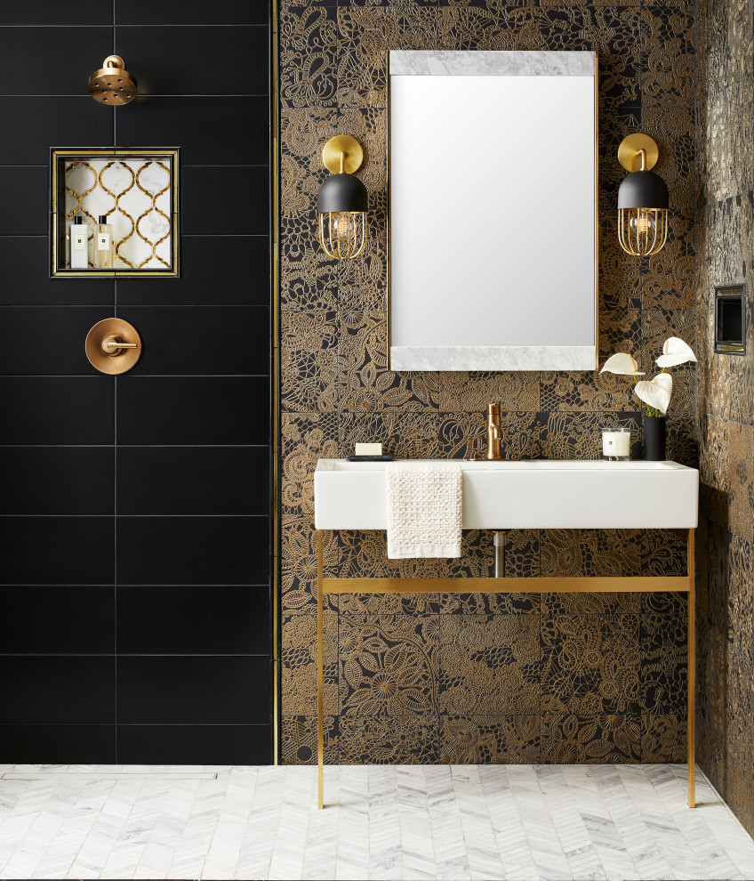 Retro bathroom in New York with a walk-in shower, black tiles and a single sink.