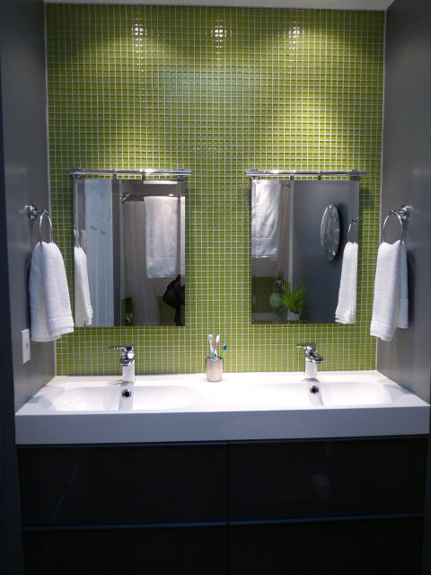 Inspiration for a small contemporary mosaic tile bathroom remodel in Montreal with green walls