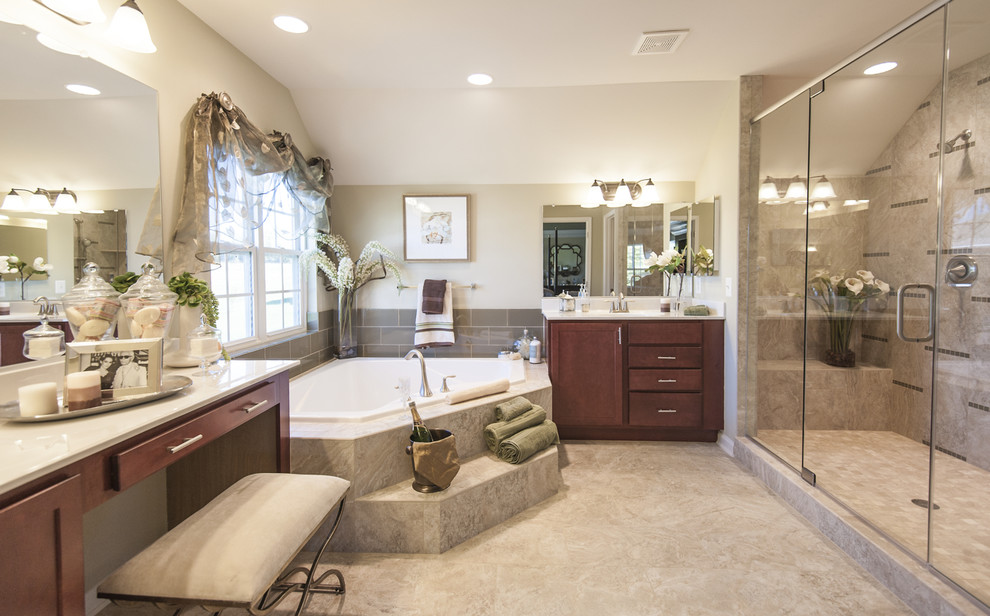 This is an example of a traditional bathroom in San Francisco with a corner bath.