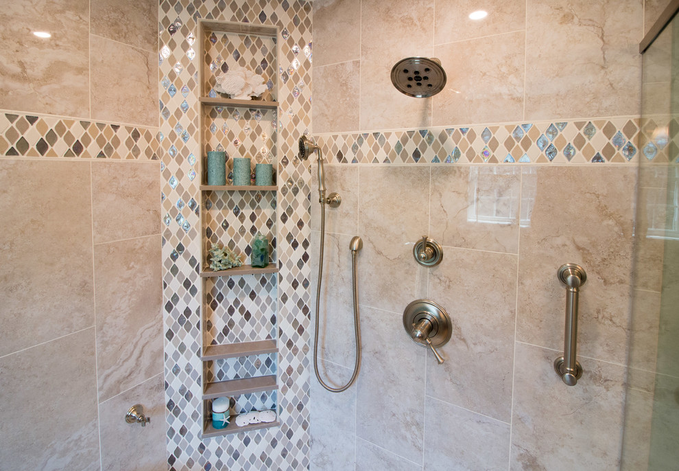 Inspiration for a mid-sized modern master gray tile and porcelain tile corner shower remodel in Boston with raised-panel cabinets, brown cabinets, a two-piece toilet, green walls, an undermount sink, quartz countertops, a hinged shower door and gray countertops