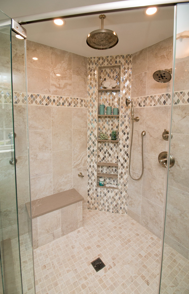 Inspiration for a mid-sized modern master gray tile and porcelain tile corner shower remodel in Boston with raised-panel cabinets, brown cabinets, a two-piece toilet, green walls, an undermount sink, quartz countertops, a hinged shower door and gray countertops