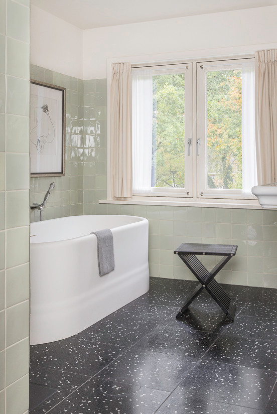 Inspiration for a small classic ensuite bathroom in Amsterdam with a freestanding bath, green tiles, ceramic tiles, white walls and marble flooring.