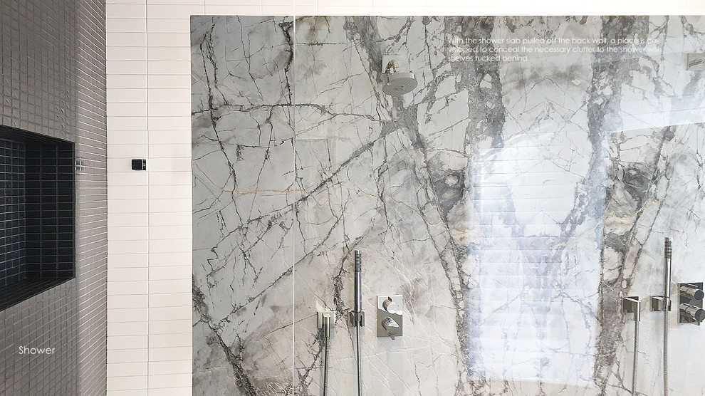 Idee per una grande stanza da bagno padronale minimalista con ante lisce, ante bianche, vasca freestanding, doccia aperta, piastrelle grigie, piastrelle di vetro, pareti bianche, pavimento in pietra calcarea, lavabo integrato, top in marmo, pavimento grigio e doccia aperta