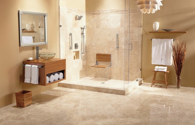 Doorless shower - large modern marble floor doorless shower idea in Cleveland with a vessel sink, flat-panel cabinets, brown cabinets and beige walls