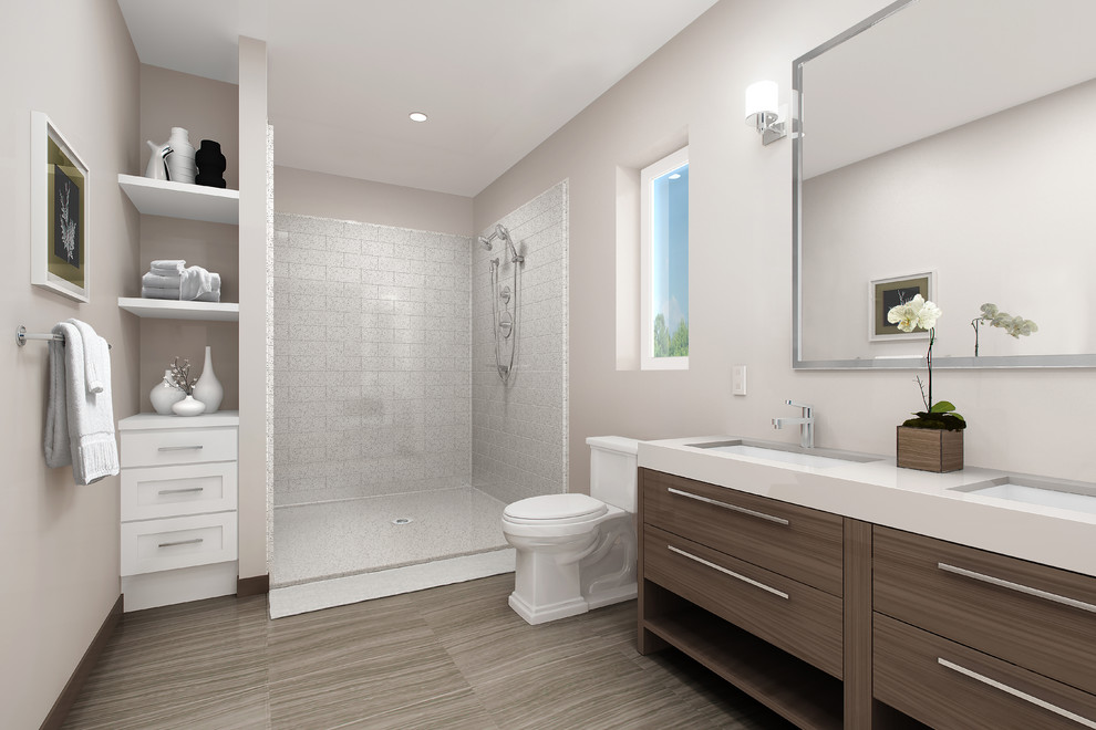 Design ideas for a modern bathroom with a corner shower and an open shower.