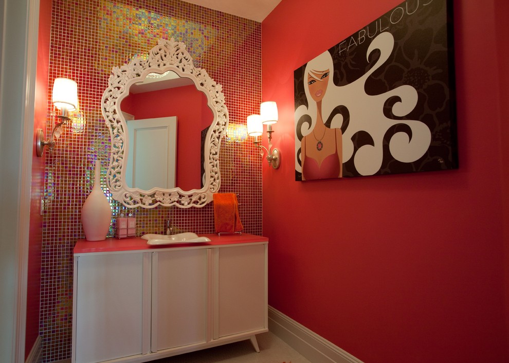 This is an example of a contemporary bathroom in San Diego with a vessel sink, flat-panel cabinets, white cabinets, red tiles and mosaic tiles.
