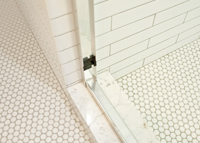 Shower with White Penny Tiles and White Grout - Transitional