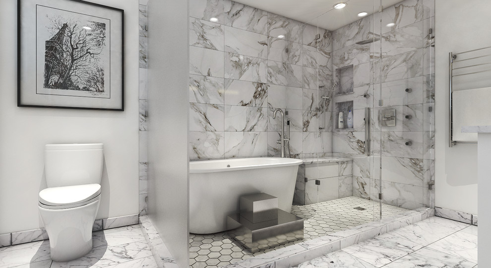 Großes Modernes Badezimmer En Suite mit freistehender Badewanne, Eckdusche, Wandtoilette mit Spülkasten, grauen Fliesen, weißen Fliesen, Marmorfliesen, weißer Wandfarbe, Marmorboden, weißem Boden und Falttür-Duschabtrennung in Los Angeles