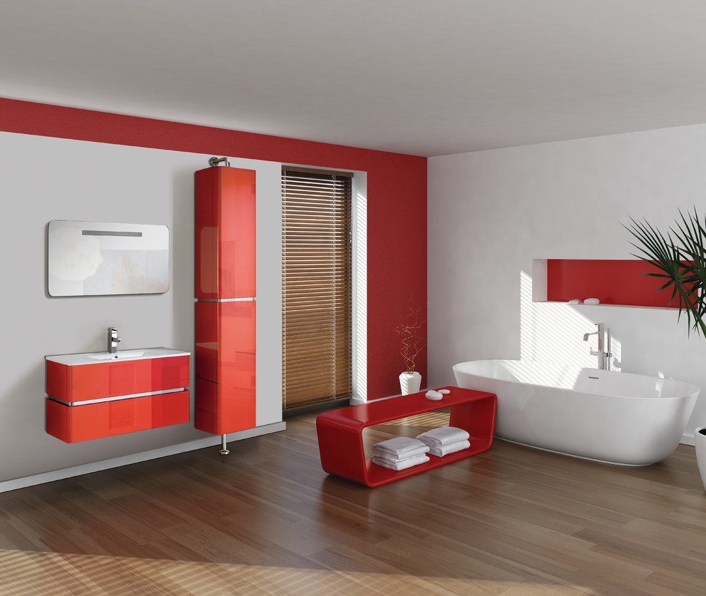 На фото: большая главная ванная комната в стиле модернизм с красными фасадами, монолитной раковиной, плоскими фасадами, отдельно стоящей ванной, белыми стенами, белой столешницей, белой плиткой, полом из фанеры, коричневым полом и открытым душем