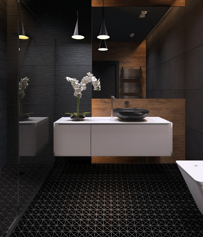 Bild på ett funkis badrum, med klinkergolv i porslin och svart golv