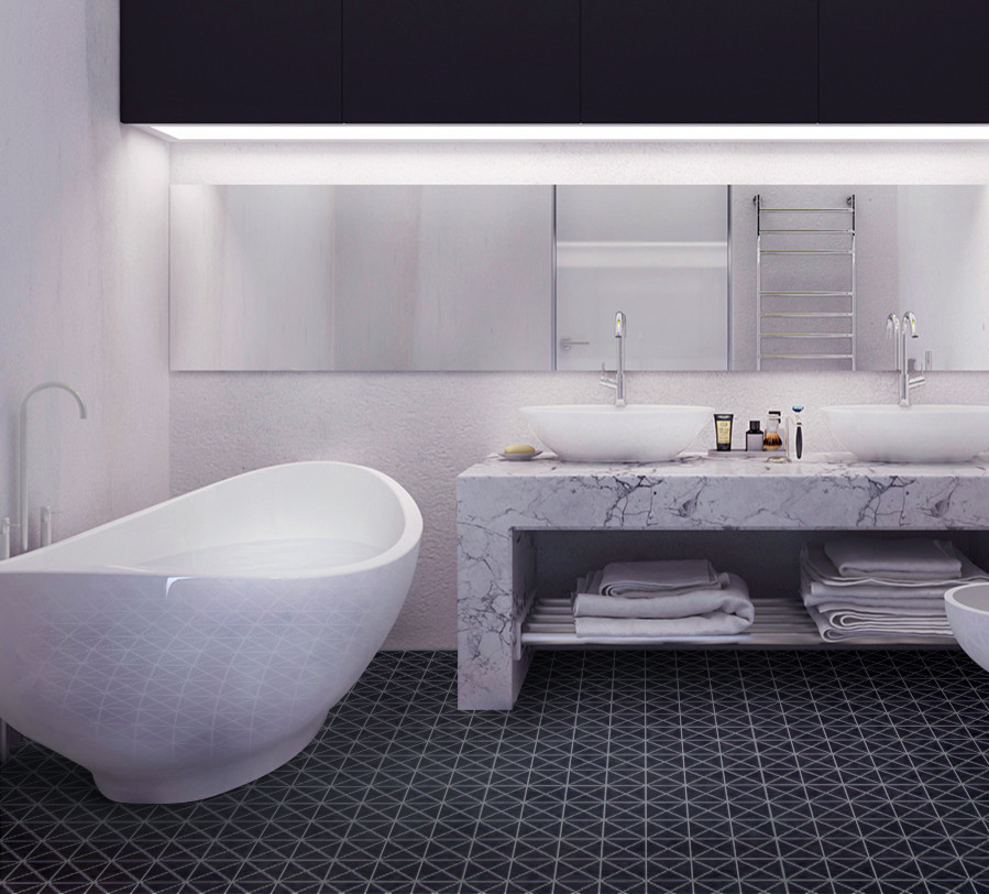 Esempio di una stanza da bagno moderna con pavimento in gres porcellanato e pavimento nero