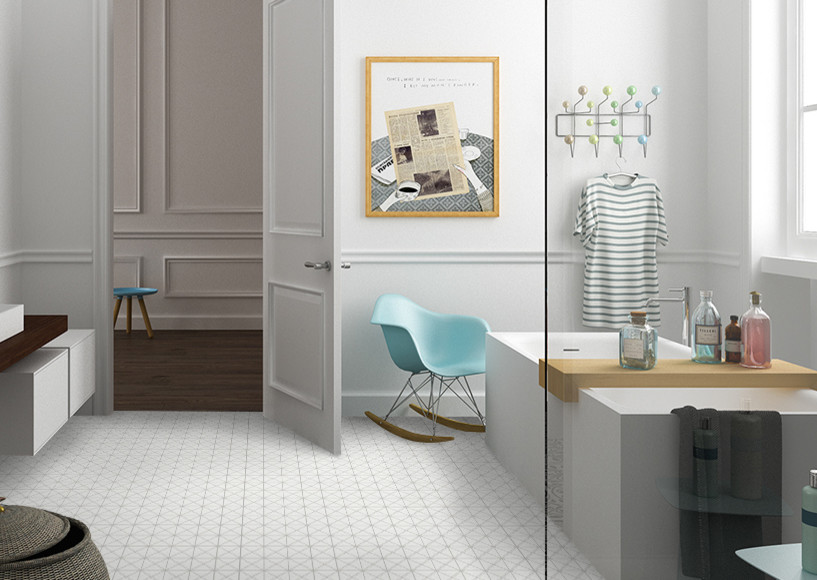 Пример оригинального дизайна: ванная комната в стиле модернизм с полом из керамогранита и черным полом