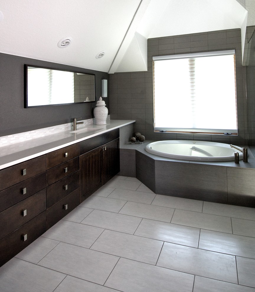 Large minimalist master gray tile and matchstick tile porcelain tile bathroom photo in Denver with an undermount sink, shaker cabinets, dark wood cabinets, quartz countertops, a one-piece toilet and gray walls