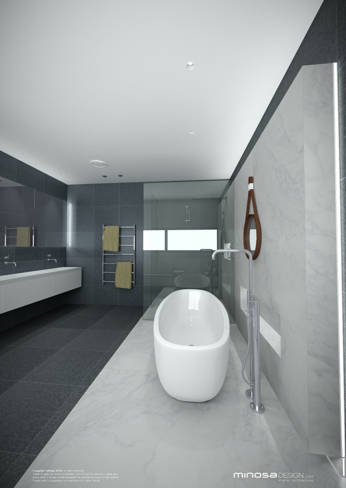 Idee per una grande stanza da bagno padronale moderna con ante lisce, ante bianche, vasca freestanding, doccia aperta, piastrelle grigie, lastra di pietra, pareti bianche e pavimento in ardesia