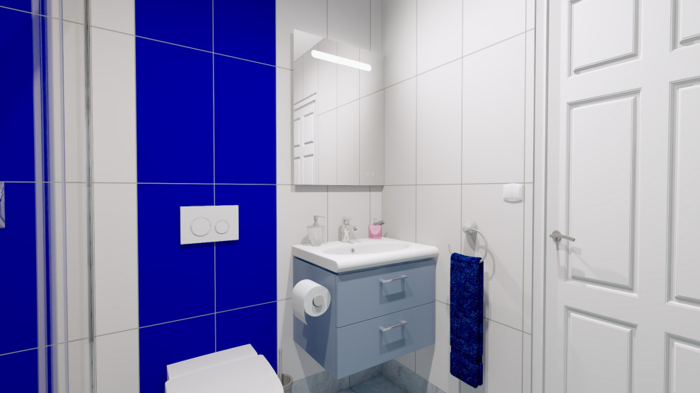 Design ideas for a medium sized modern shower room bathroom in Toronto with blue cabinets, an alcove shower, a wall mounted toilet, white tiles, ceramic tiles, ceramic flooring, a wall-mounted sink, white floors, a sliding door, a single sink and a floating vanity unit.