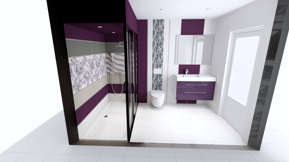 На фото: ванная комната среднего размера в стиле модернизм с фиолетовыми фасадами, душем в нише, инсталляцией, белой плиткой, керамической плиткой, белыми стенами, полом из керамической плитки, душевой кабиной, подвесной раковиной, белым полом, душем с раздвижными дверями, белой столешницей, тумбой под одну раковину и подвесной тумбой