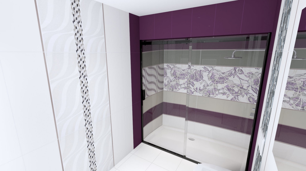 Idéer för mellanstora funkis vitt badrum med dusch, med lila skåp, en dusch i en alkov, en vägghängd toalettstol, vit kakel, keramikplattor, vita väggar, klinkergolv i keramik, ett väggmonterat handfat, vitt golv och dusch med skjutdörr
