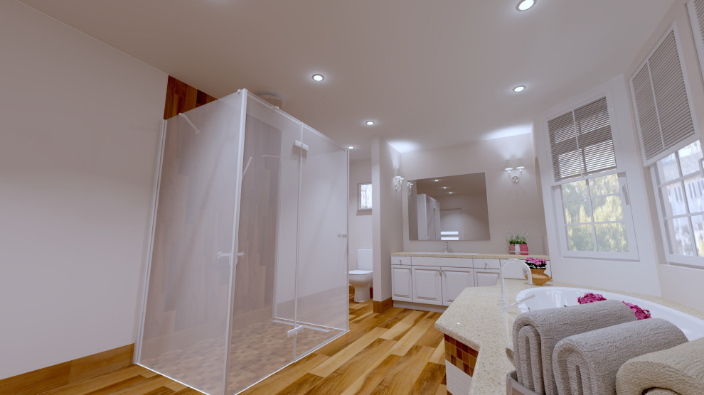 Inspiration for a large modern ensuite bathroom in Toronto with white cabinets, a built-in bath, a built-in shower, a one-piece toilet, brown tiles, wood-effect tiles, wood-effect flooring, marble worktops, brown floors, a hinged door, beige worktops, a single sink and a freestanding vanity unit.