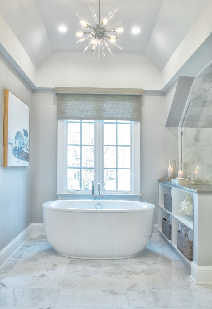Bathroom - huge contemporary master marble floor, gray floor, single-sink and vaulted ceiling bathroom idea in New York with flat-panel cabinets, white cabinets, a two-piece toilet, gray walls, an undermount sink, quartz countertops, gray countertops and a built-in vanity