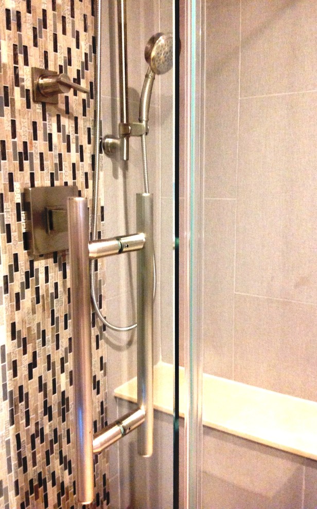 Walk-in shower - mid-sized modern master gray tile and porcelain tile ceramic tile walk-in shower idea in Houston with a vessel sink, flat-panel cabinets, dark wood cabinets, glass countertops, an undermount tub and white walls